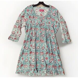 Three Little Birds Dress L Floral Peasant Teal Red Block Print Boho Cottage Folk